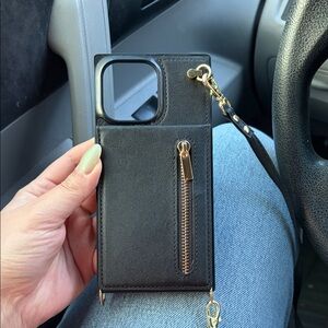Black Faux Leather Wallet Phone Case with Zipper Pouch